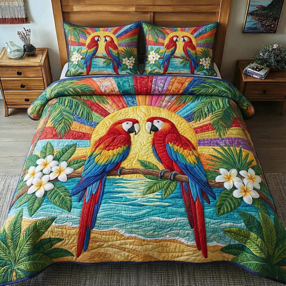 Macaw Sunrise Beach quilted bedding set, quilt and two pillow shams on a made bed