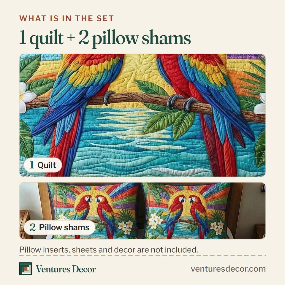 What is in the set: one quilt and two pillow shams, shown in the Macaw Sunrise Beach design