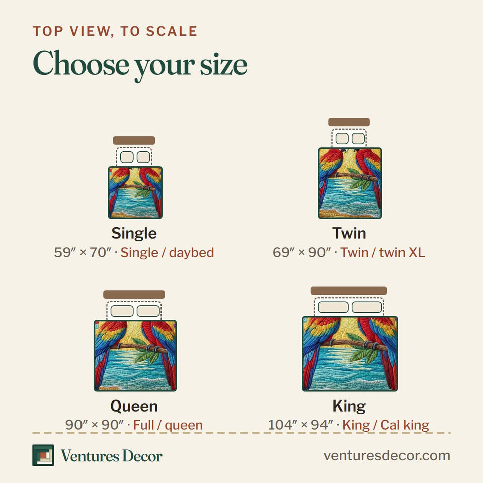 Size guide for the Macaw Sunrise Beach quilt, top view to scale: Single 59 x 70 in, Twin 69 x 90 in, Queen 90 x 90 in, King 104 x 94 in