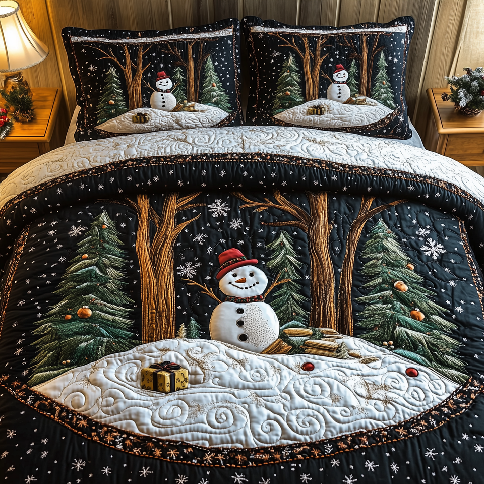 Magic of Christmas Gifts in the Snowy Clearing quilted bedding set, quilt and two pillow shams on a made bed