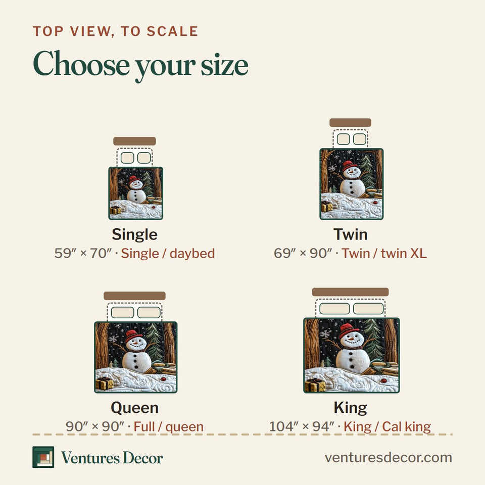 Size guide for the Magic of Christmas Gifts in the Snowy Clearing quilt, top view to scale: Single 59 x 70 in, Twin 69 x 90 in, Queen 90 x 90 in, King 104 x 94 in