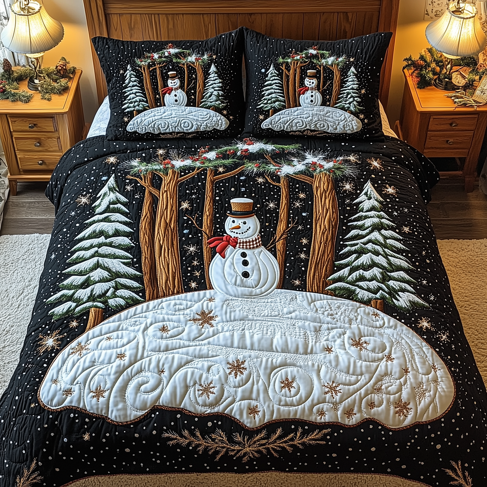 Magic of Christmas Red Scarf Among the Pines quilted bedding set, quilt and two pillow shams on a made bed