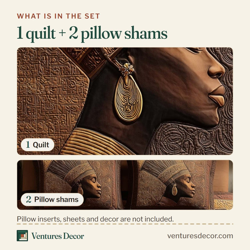 What is in the set: one quilt and two pillow shams, shown in the Magnificent Melanin Carved Profile in Gold Crown design