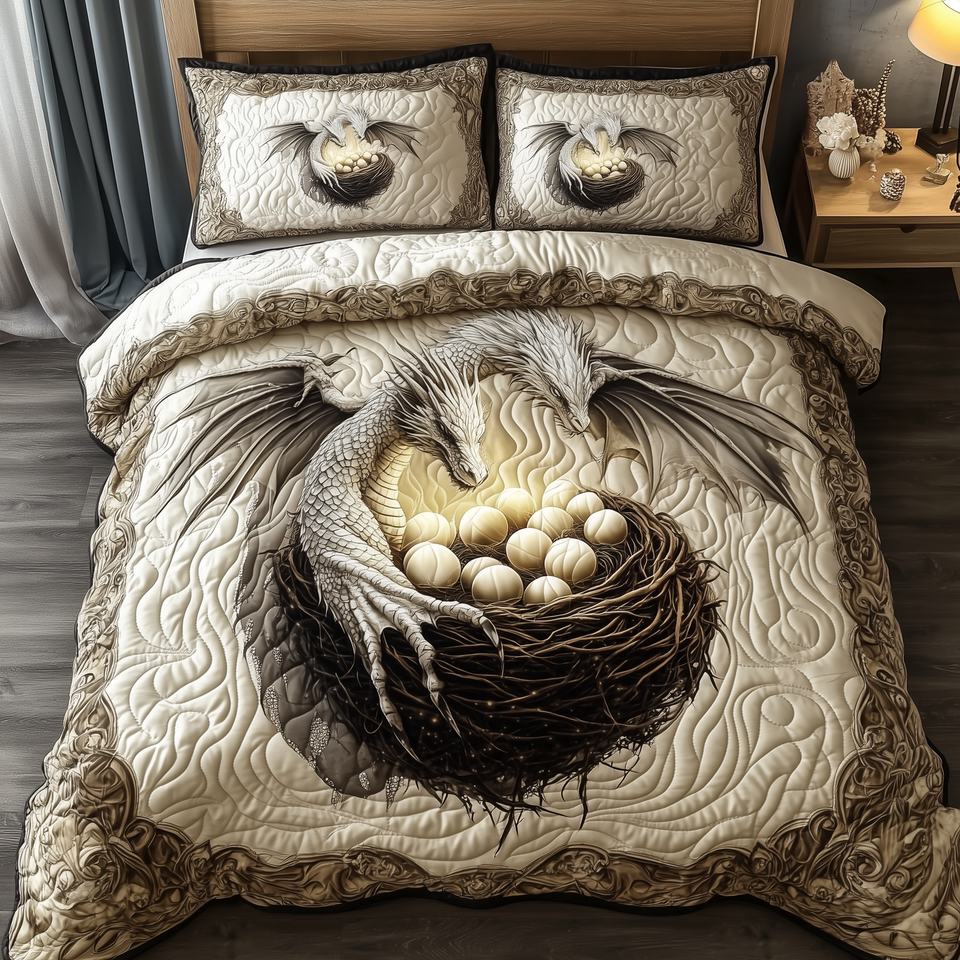 Magnificent White Dragon Golden Egg Nest quilted bedding set, quilt and two pillow shams on a made bed