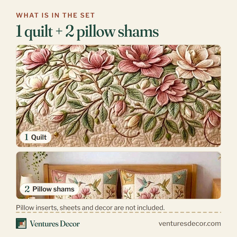 What is in the set: one quilt and two pillow shams, shown in the Magnolia Blush Vines design