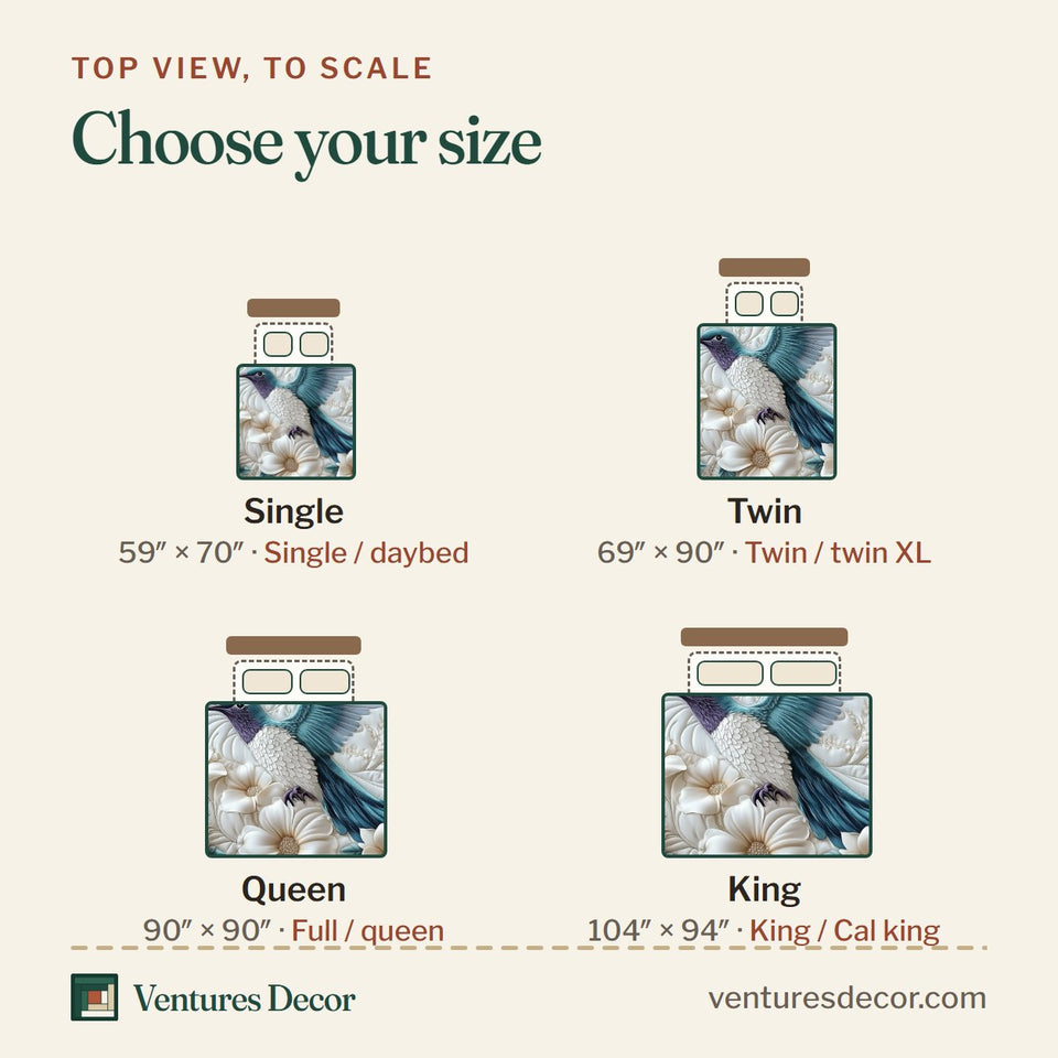 Size guide for the Magnolia Hummingbird quilt, top view to scale: Single 59 x 70 in, Twin 69 x 90 in, Queen 90 x 90 in, King 104 x 94 in
