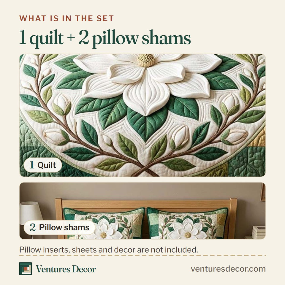 What is in the set: one quilt and two pillow shams, shown in the Magnolia Medallion design