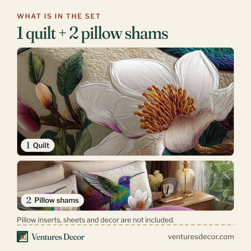 What is in the set: one quilt and two pillow shams, shown in the Magnolia Whispers design