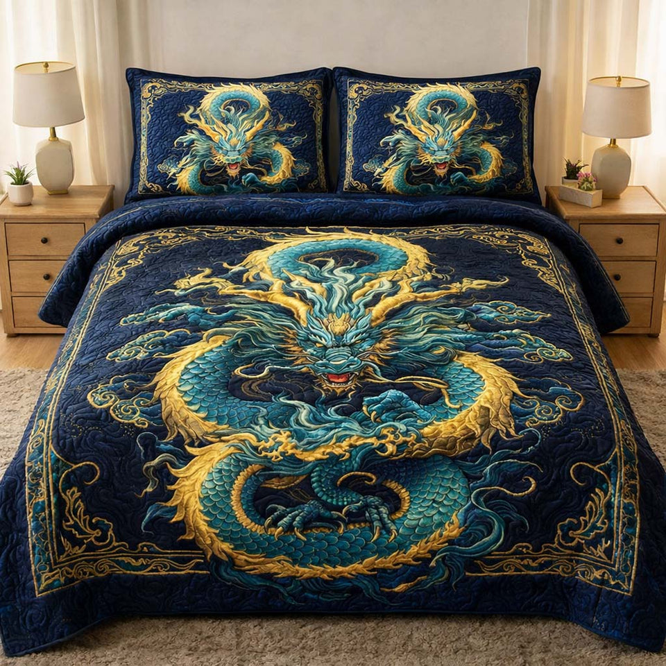 Majestic Azure Dragon Coil quilted bedding set, quilt and two pillow shams on a made bed