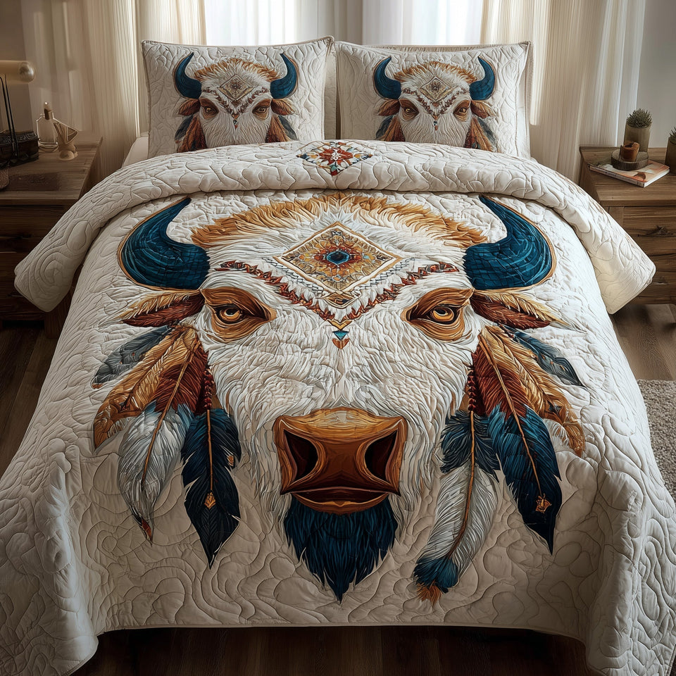 Majestic Bison Diamond Brow Totem quilted bedding set, quilt and two pillow shams on a made bed
