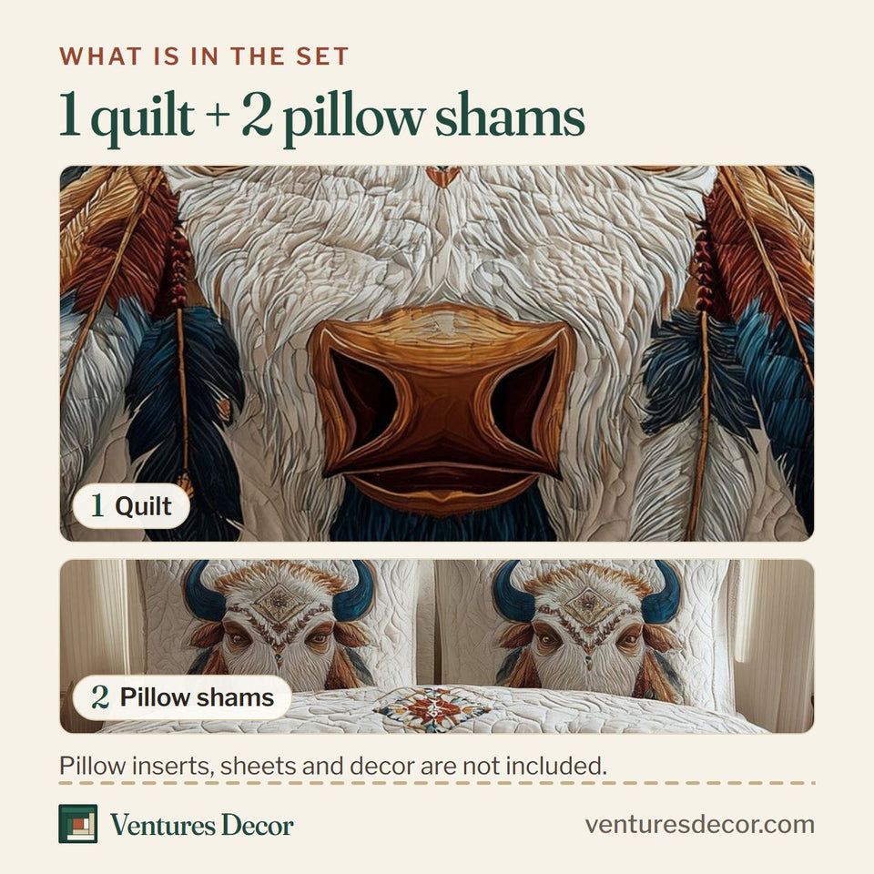 What is in the set: one quilt and two pillow shams, shown in the Majestic Bison Diamond Brow Totem design