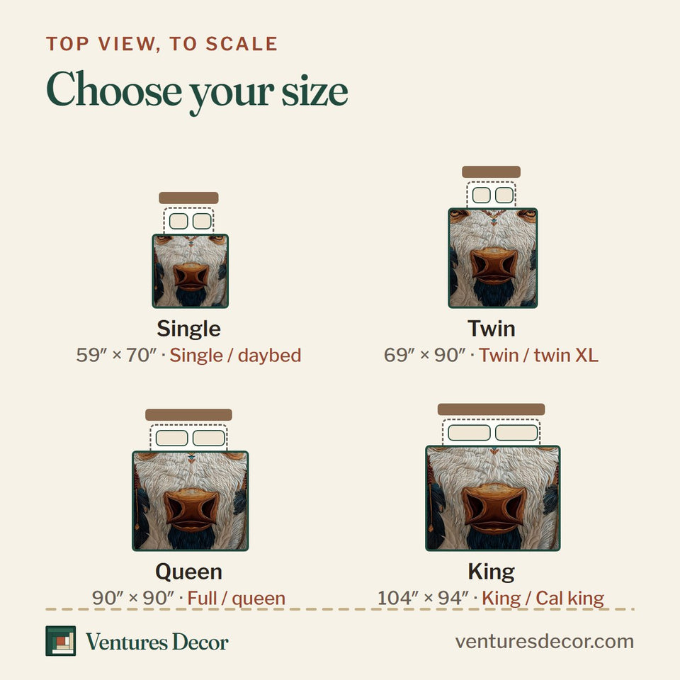 Size guide for the Majestic Bison Diamond Brow Totem quilt, top view to scale: Single 59 x 70 in, Twin 69 x 90 in, Queen 90 x 90 in, King 104 x 94 in