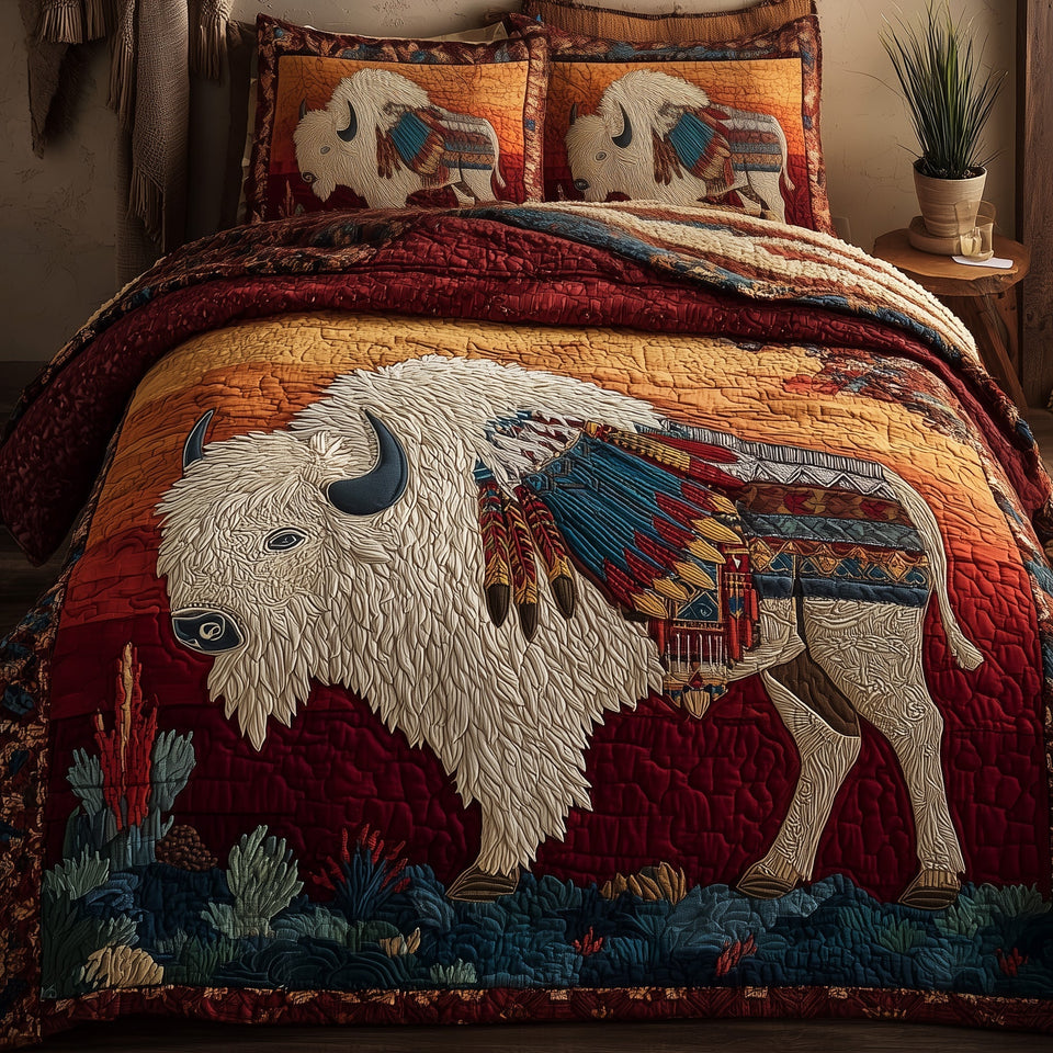 Majestic Bison Sunset Stripe Walker quilted bedding set, quilt and two pillow shams on a made bed