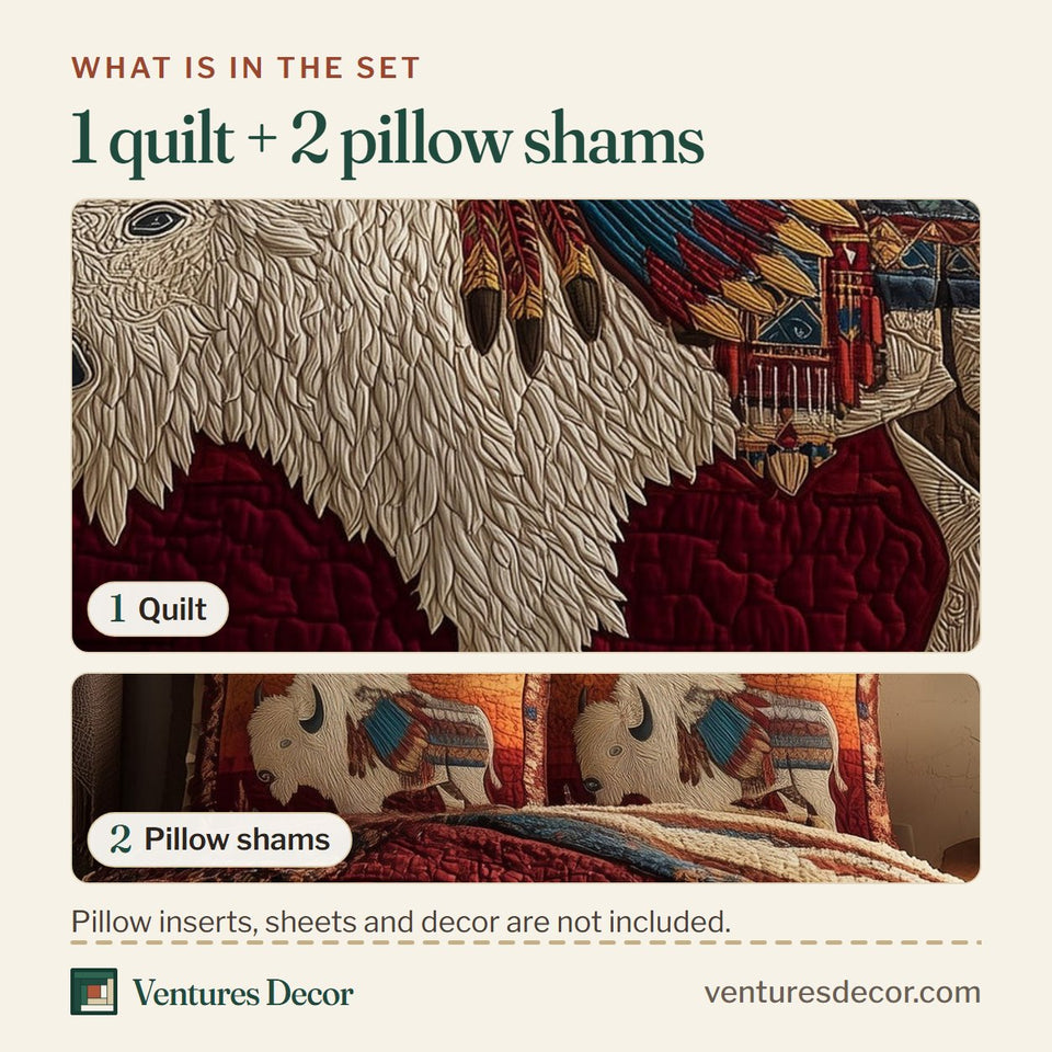 What is in the set: one quilt and two pillow shams, shown in the Majestic Bison Sunset Stripe Walker design