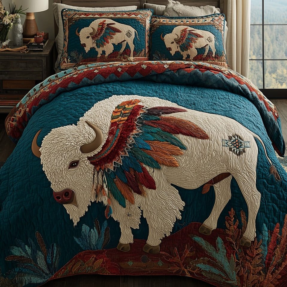 Majestic Bison Teal Ground Red Feathers quilted bedding set, quilt and two pillow shams on a made bed