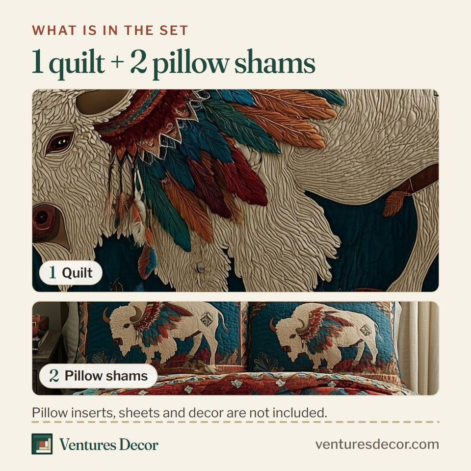 What is in the set: one quilt and two pillow shams, shown in the Majestic Bison Teal Ground Red Feathers design