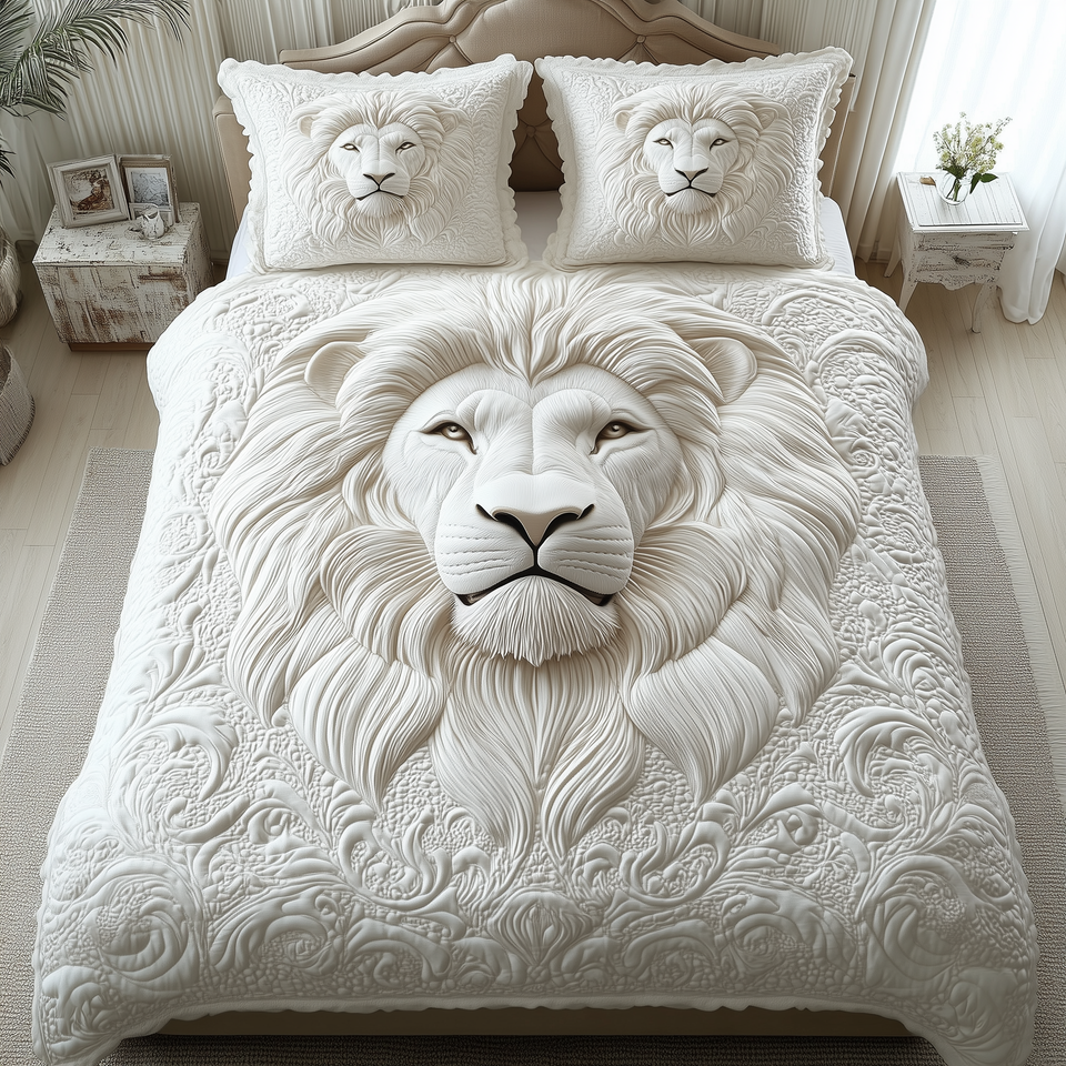 Majestic Crowned Lion Ivory Relief quilted bedding set, quilt and two pillow shams on a made bed