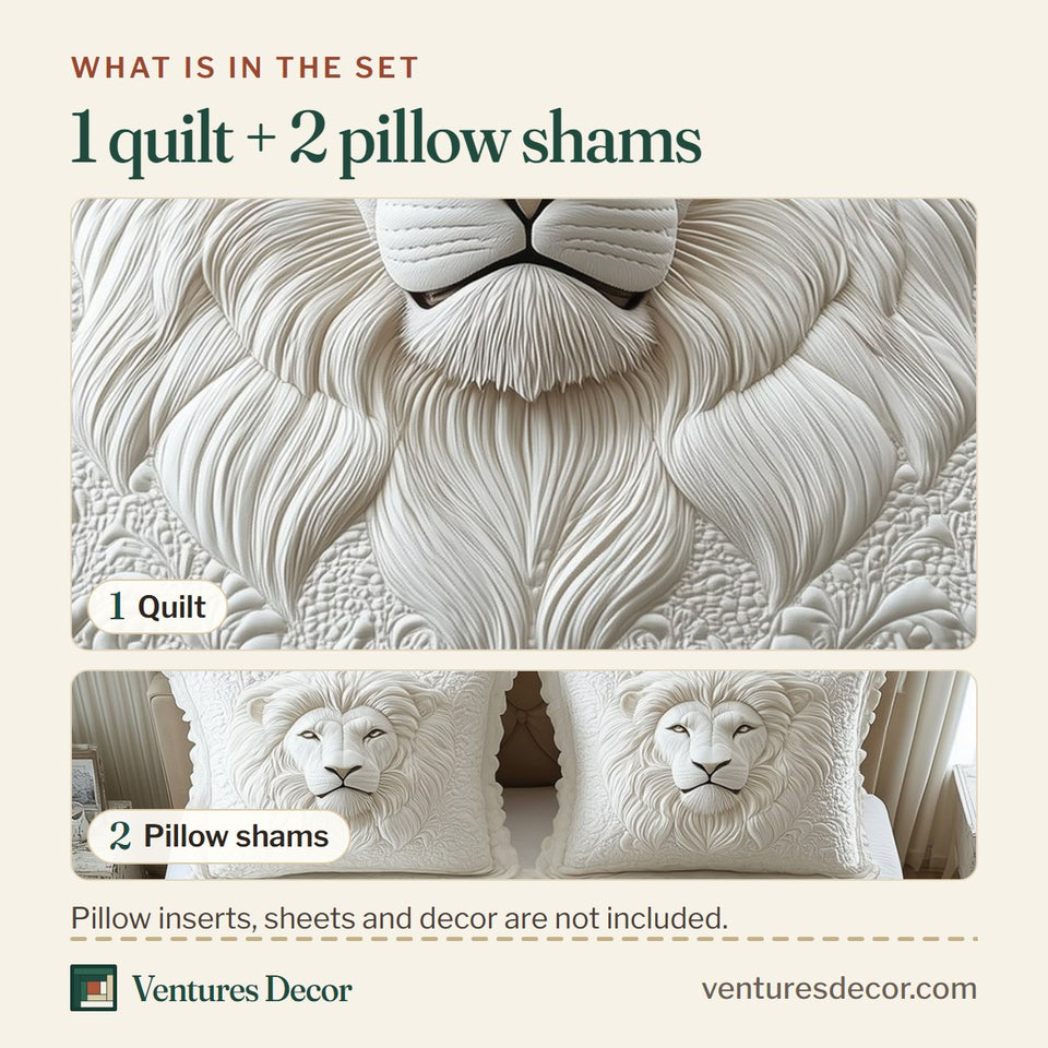 What is in the set: one quilt and two pillow shams, shown in the Majestic Crowned Lion Ivory Relief design