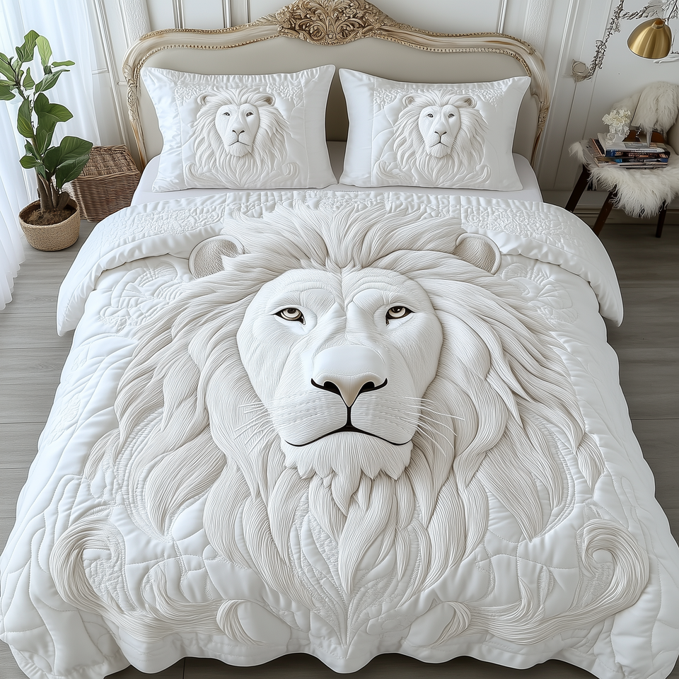Majestic Crowned Lion Snow Mane Portrait quilted bedding set, quilt and two pillow shams on a made bed