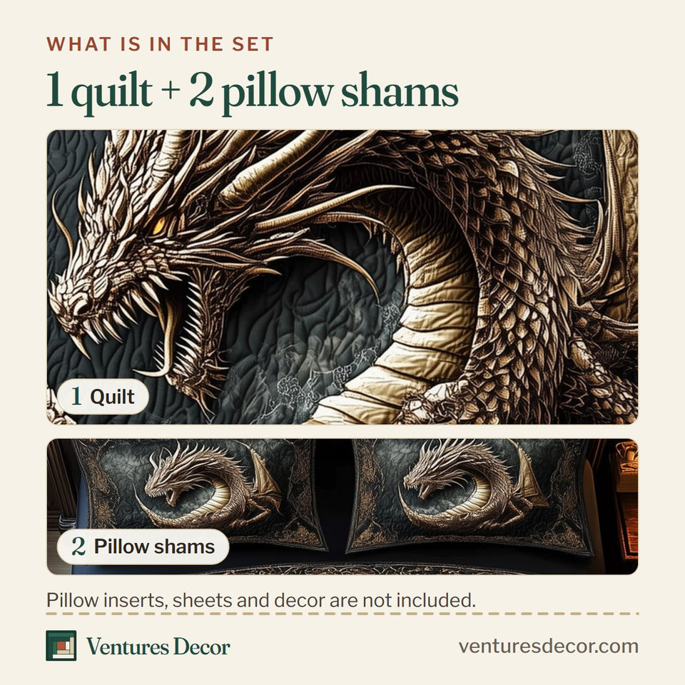 What is in the set: one quilt and two pillow shams, shown in the Majestic Dragon Bronze Coil On Black design