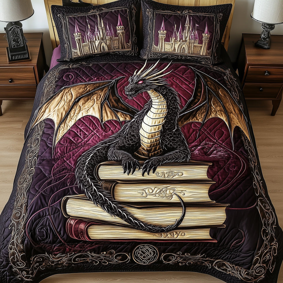 Majestic Dragon Coiled On Book Stack quilted bedding set, quilt and two pillow shams on a made bed