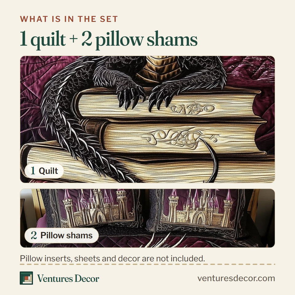 What is in the set: one quilt and two pillow shams, shown in the Majestic Dragon Coiled On Book Stack design