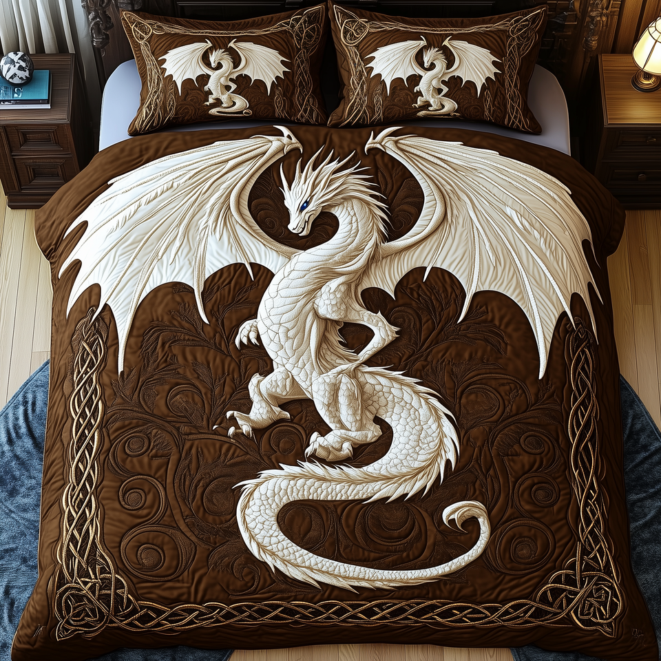 Majestic Dragon Cream On Celtic Brown quilted bedding set, quilt and two pillow shams on a made bed