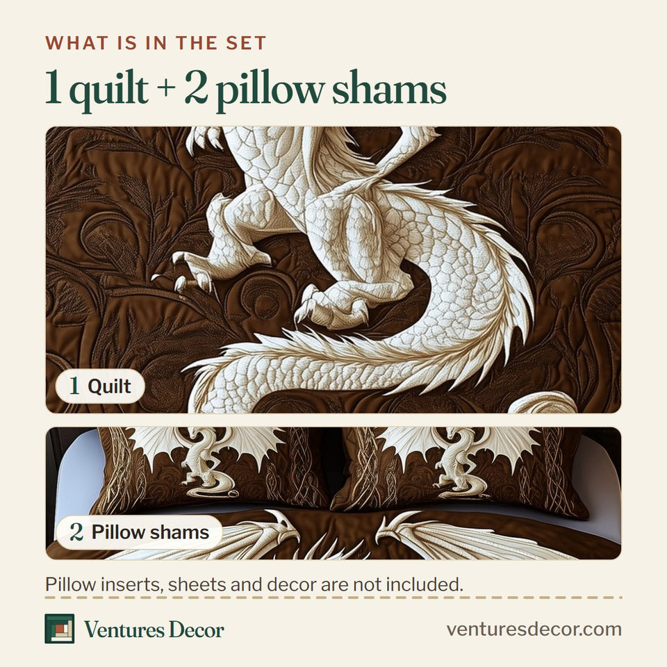 What is in the set: one quilt and two pillow shams, shown in the Majestic Dragon Cream On Celtic Brown design