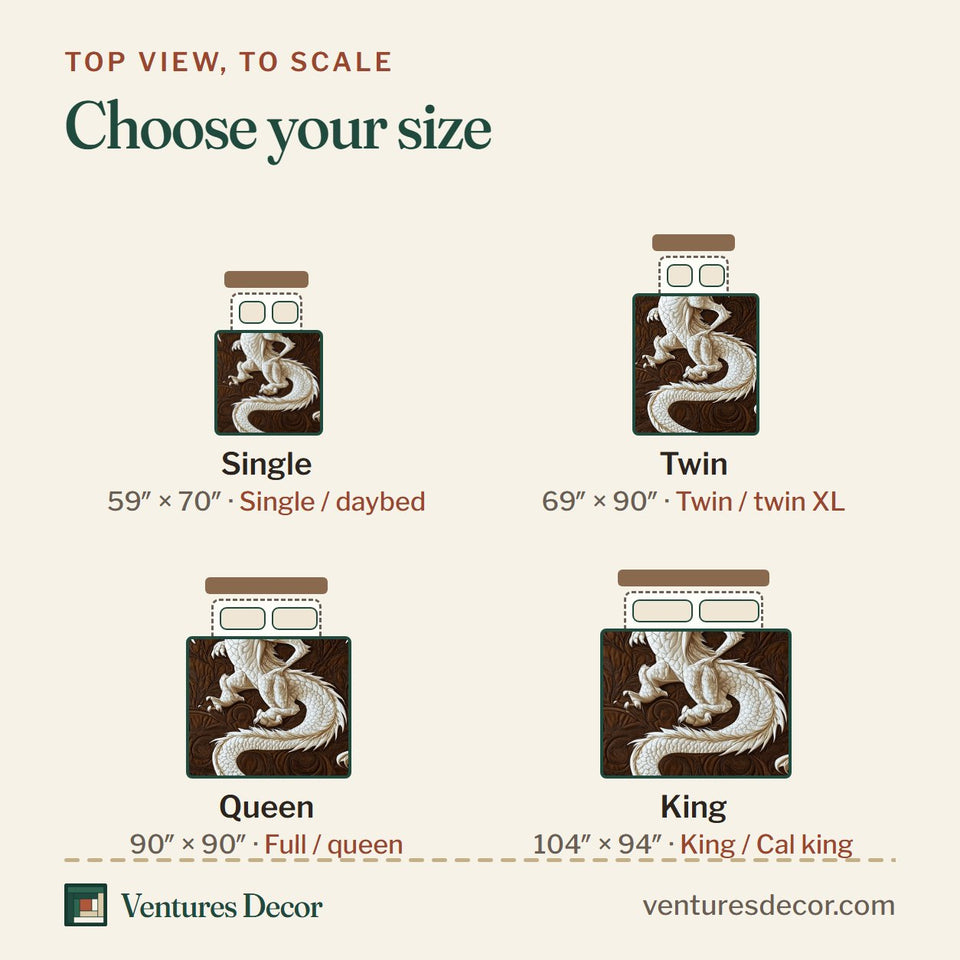 Size guide for the Majestic Dragon Cream On Celtic Brown quilt, top view to scale: Single 59 x 70 in, Twin 69 x 90 in, Queen 90 x 90 in, King 104 x 94 in