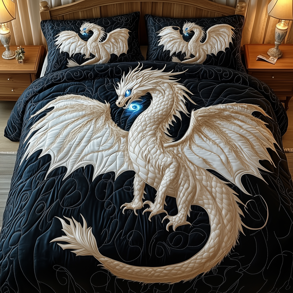 Majestic Dragon Snowy Wings Black Ground quilted bedding set, quilt and two pillow shams on a made bed