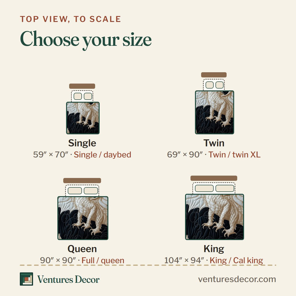 Size guide for the Majestic Dragon Snowy Wings Black Ground quilt, top view to scale: Single 59 x 70 in, Twin 69 x 90 in, Queen 90 x 90 in, King 104 x 94 in