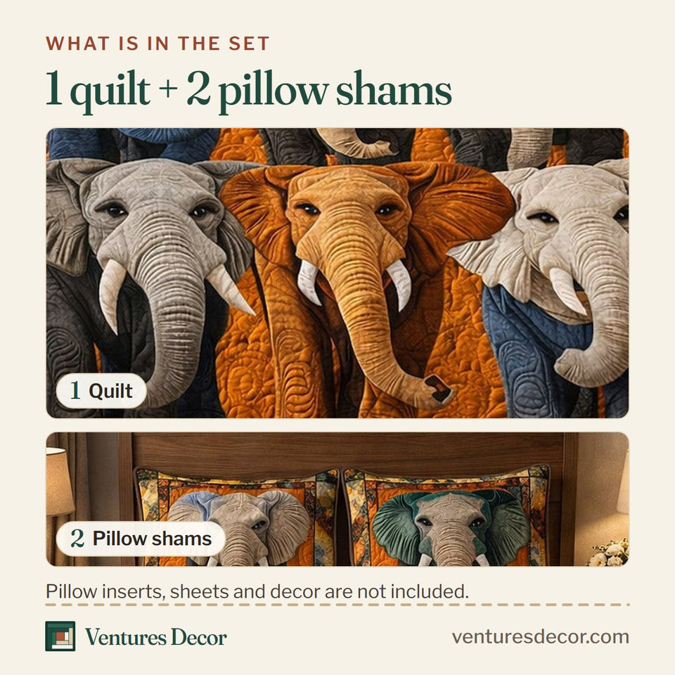 What is in the set: one quilt and two pillow shams, shown in the Majestic Elephant Row of Five on Patchwork design