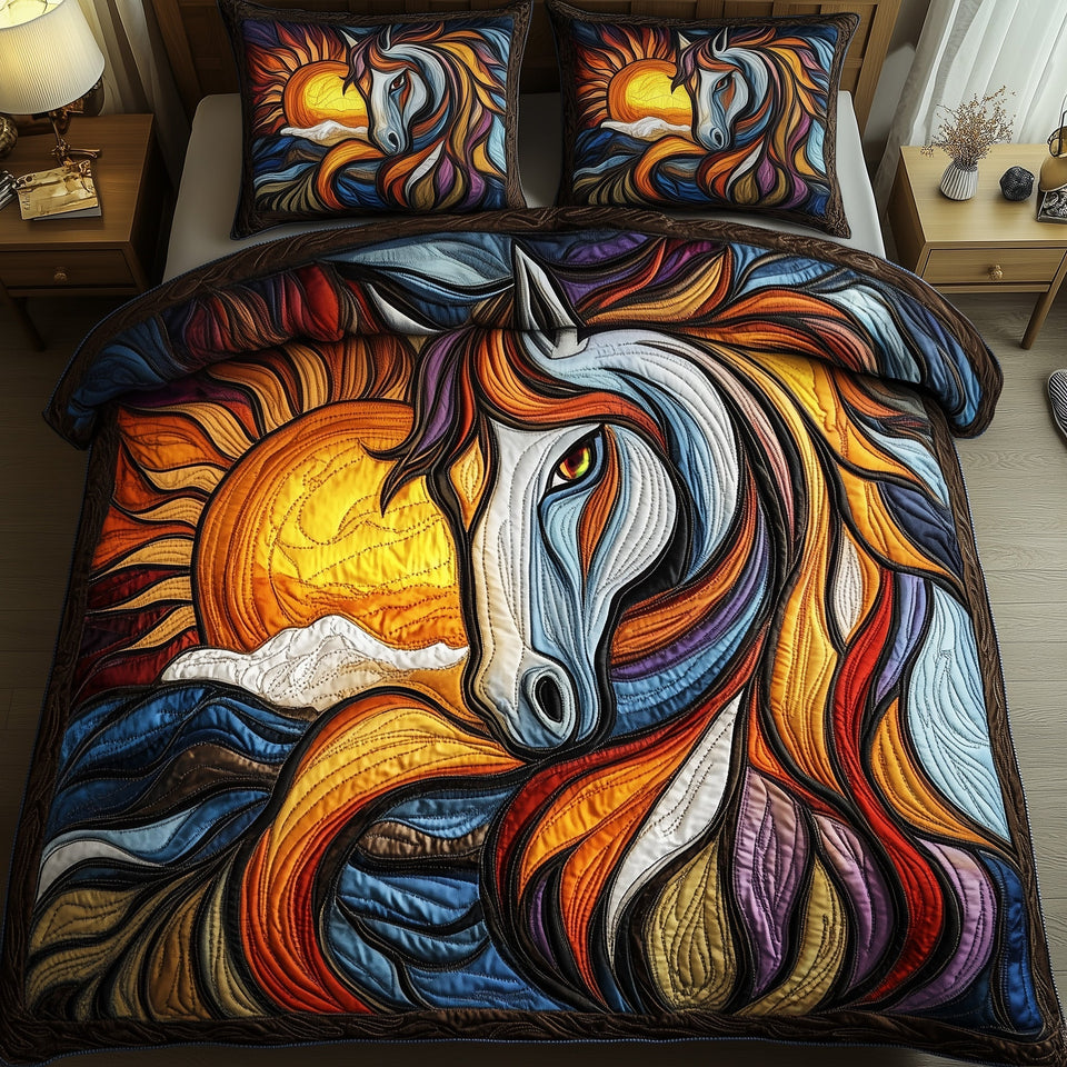Majestic Horse Stained Glass Sun Swirl quilted bedding set, quilt and two pillow shams on a made bed