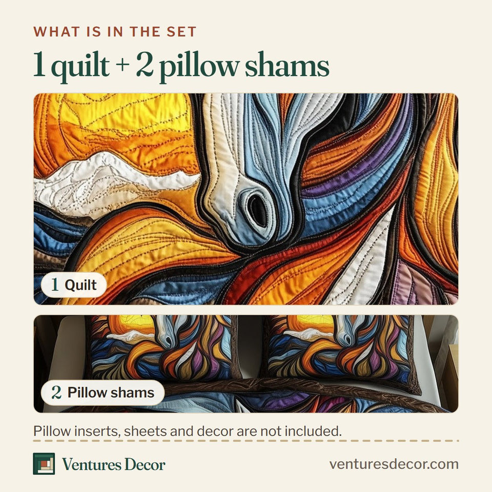 What is in the set: one quilt and two pillow shams, shown in the Majestic Horse Stained Glass Sun Swirl design