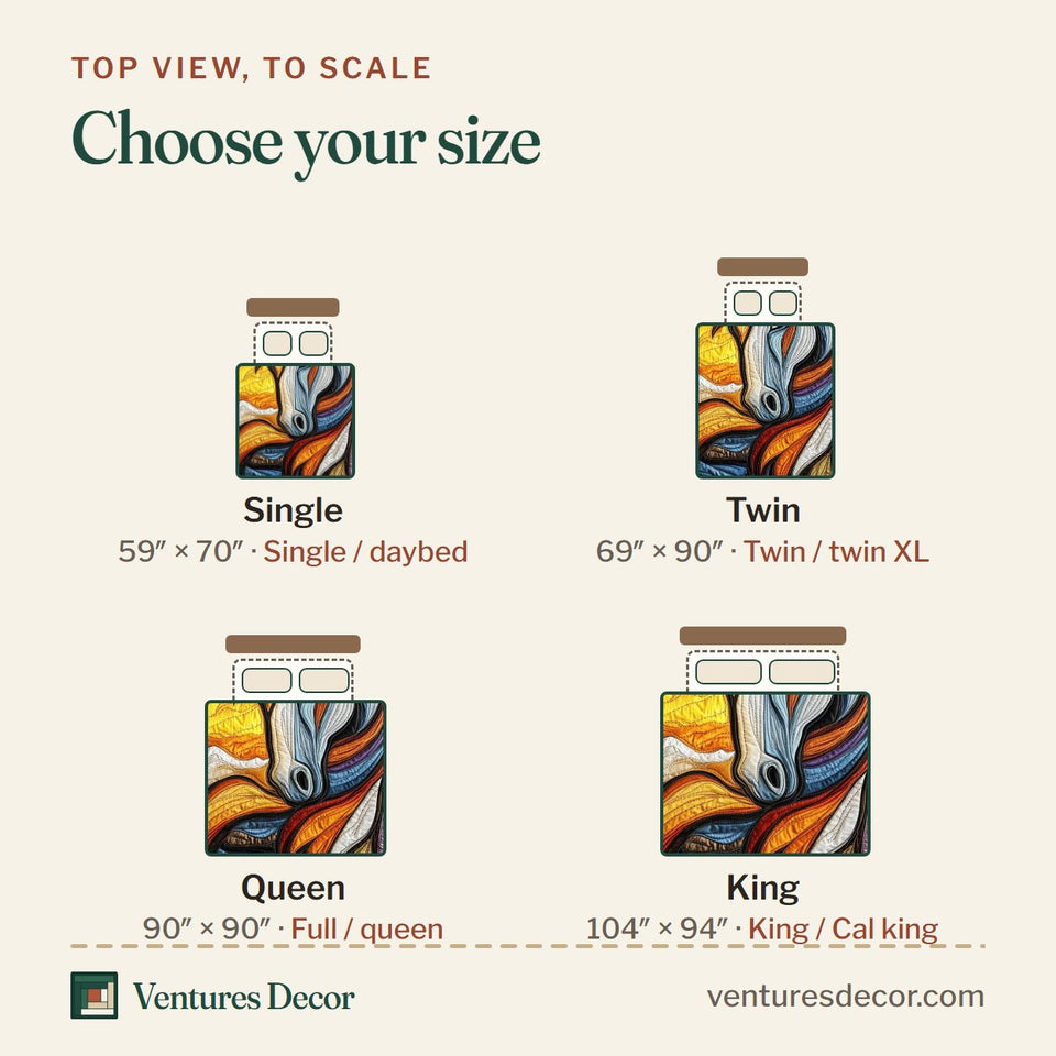 Size guide for the Majestic Horse Stained Glass Sun Swirl quilt, top view to scale: Single 59 x 70 in, Twin 69 x 90 in, Queen 90 x 90 in, King 104 x 94 in