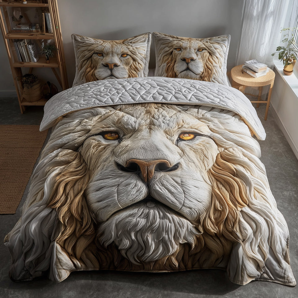 Majestic Lion Amber Eyes in Cream quilted bedding set, quilt and two pillow shams on a made bed
