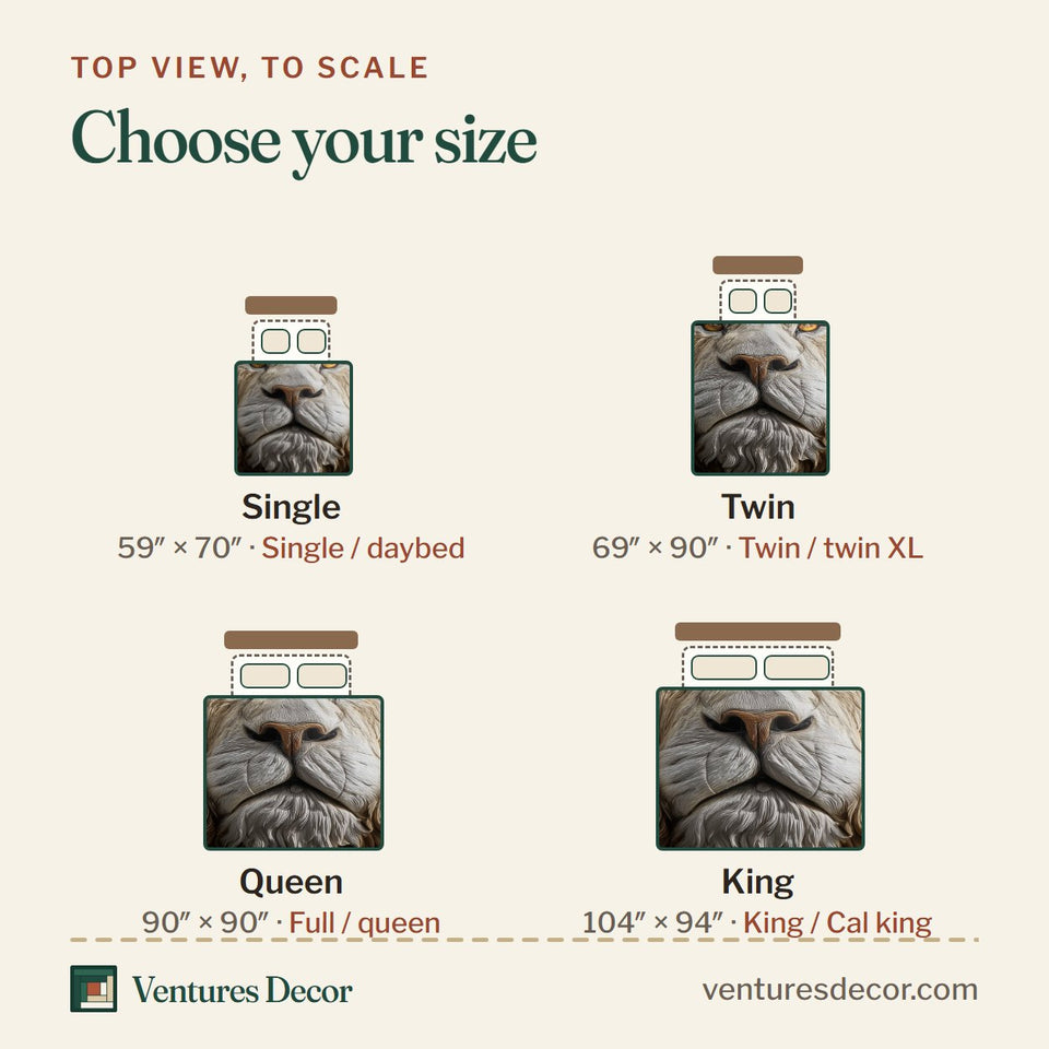 Size guide for the Majestic Lion Amber Eyes in Cream quilt, top view to scale: Single 59 x 70 in, Twin 69 x 90 in, Queen 90 x 90 in, King 104 x 94 in