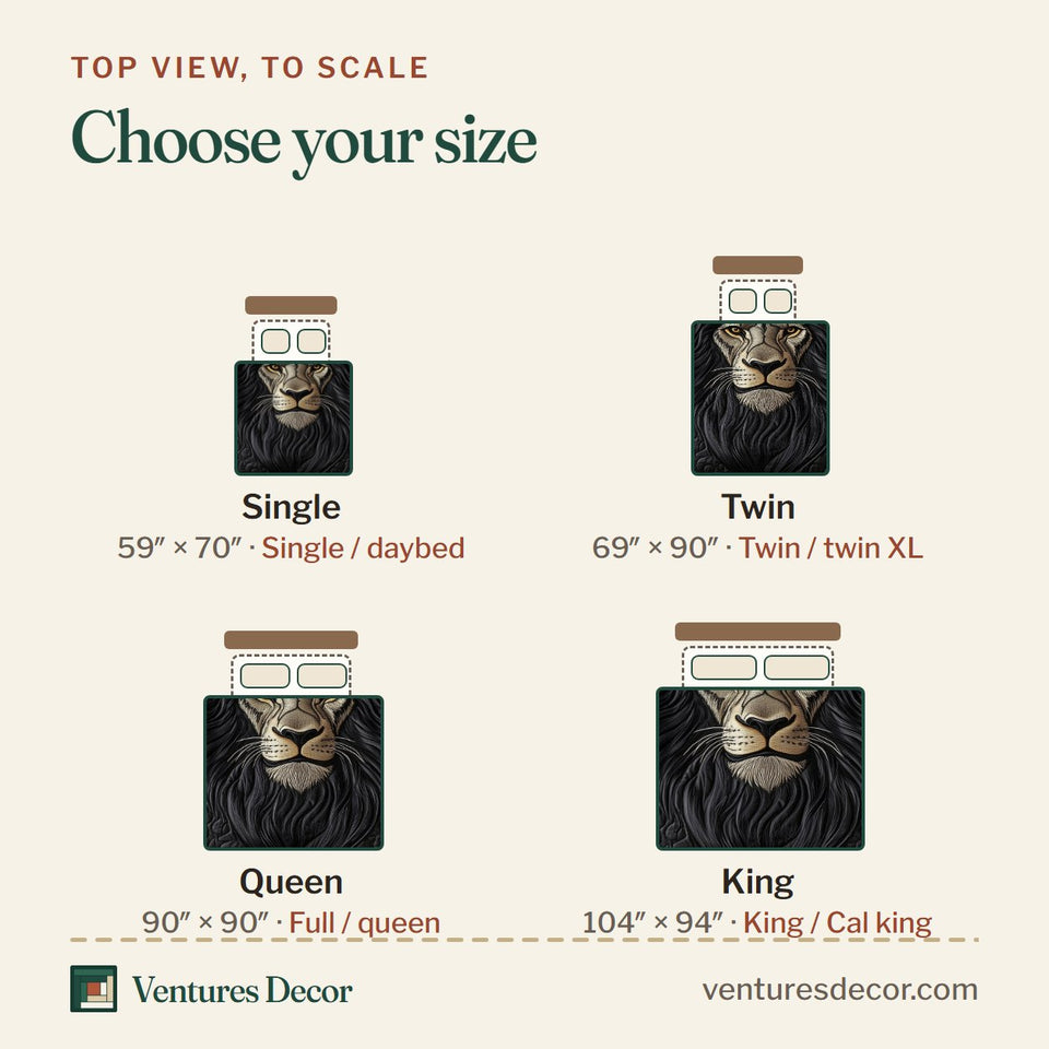 Size guide for the Majestic Lion Black Quilt Gold Scroll quilt, top view to scale: Single 59 x 70 in, Twin 69 x 90 in, Queen 90 x 90 in, King 104 x 94 in