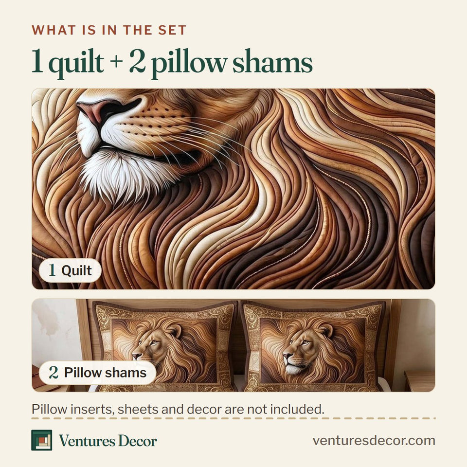 What is in the set: one quilt and two pillow shams, shown in the Majestic Lion Brown Patchwork Border design