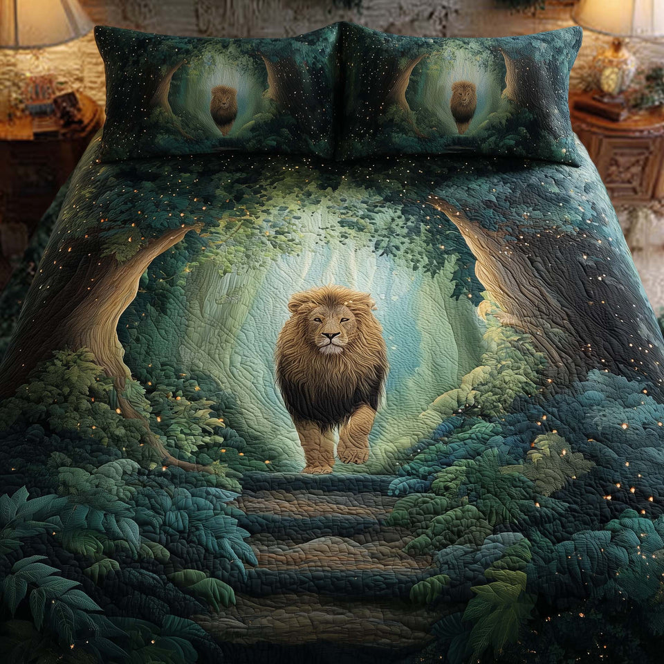 Majestic Lion Crescent Moon Forest Path quilted bedding set, quilt and two pillow shams on a made bed