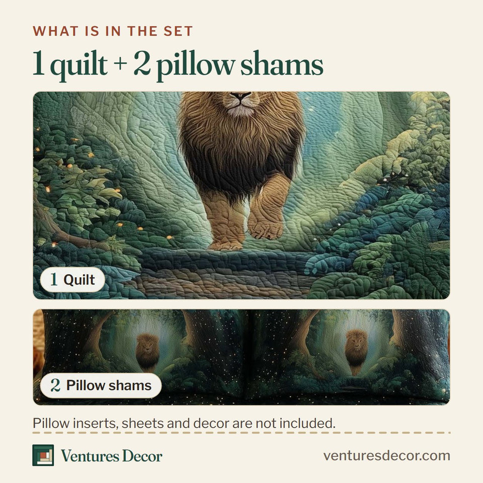 What is in the set: one quilt and two pillow shams, shown in the Majestic Lion Crescent Moon Forest Path design