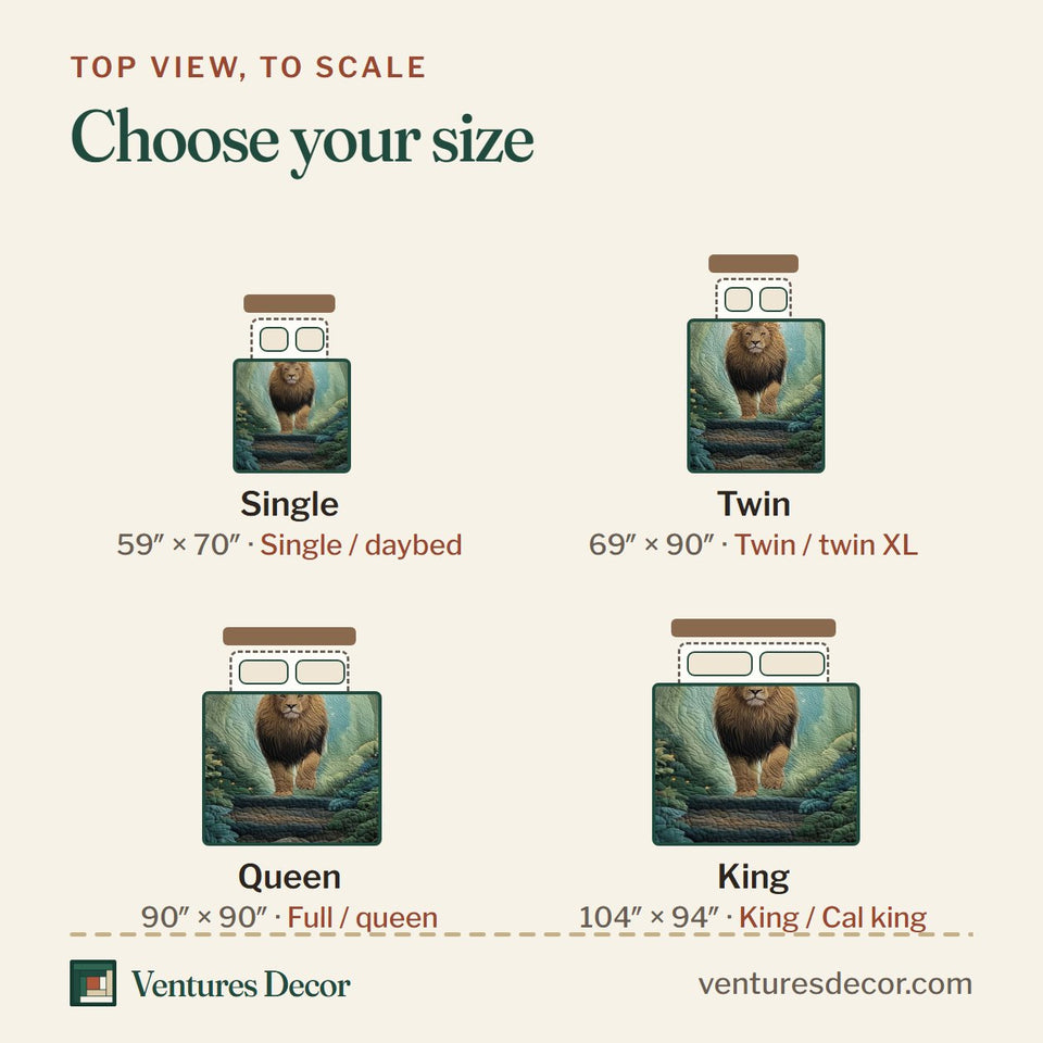 Size guide for the Majestic Lion Crescent Moon Forest Path quilt, top view to scale: Single 59 x 70 in, Twin 69 x 90 in, Queen 90 x 90 in, King 104 x 94 in