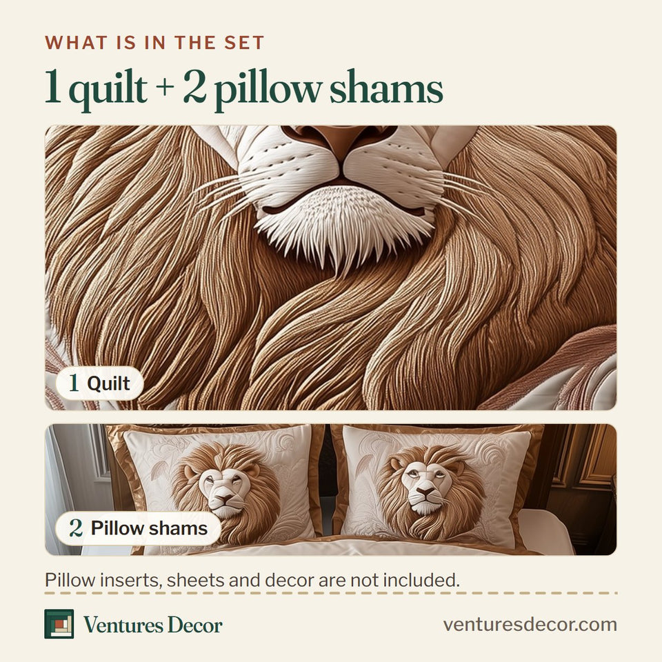 What is in the set: one quilt and two pillow shams, shown in the Majestic Lion Rose Beige Scrollwork design