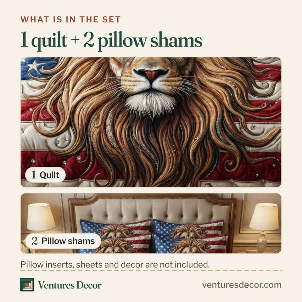 What is in the set: one quilt and two pillow shams, shown in the Majestic Lion Stars and Stripes Banner design