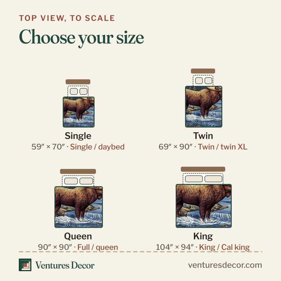 Size guide for the Majestic Moose Blue River Crossing quilt, top view to scale: Single 59 x 70 in, Twin 69 x 90 in, Queen 90 x 90 in, King 104 x 94 in