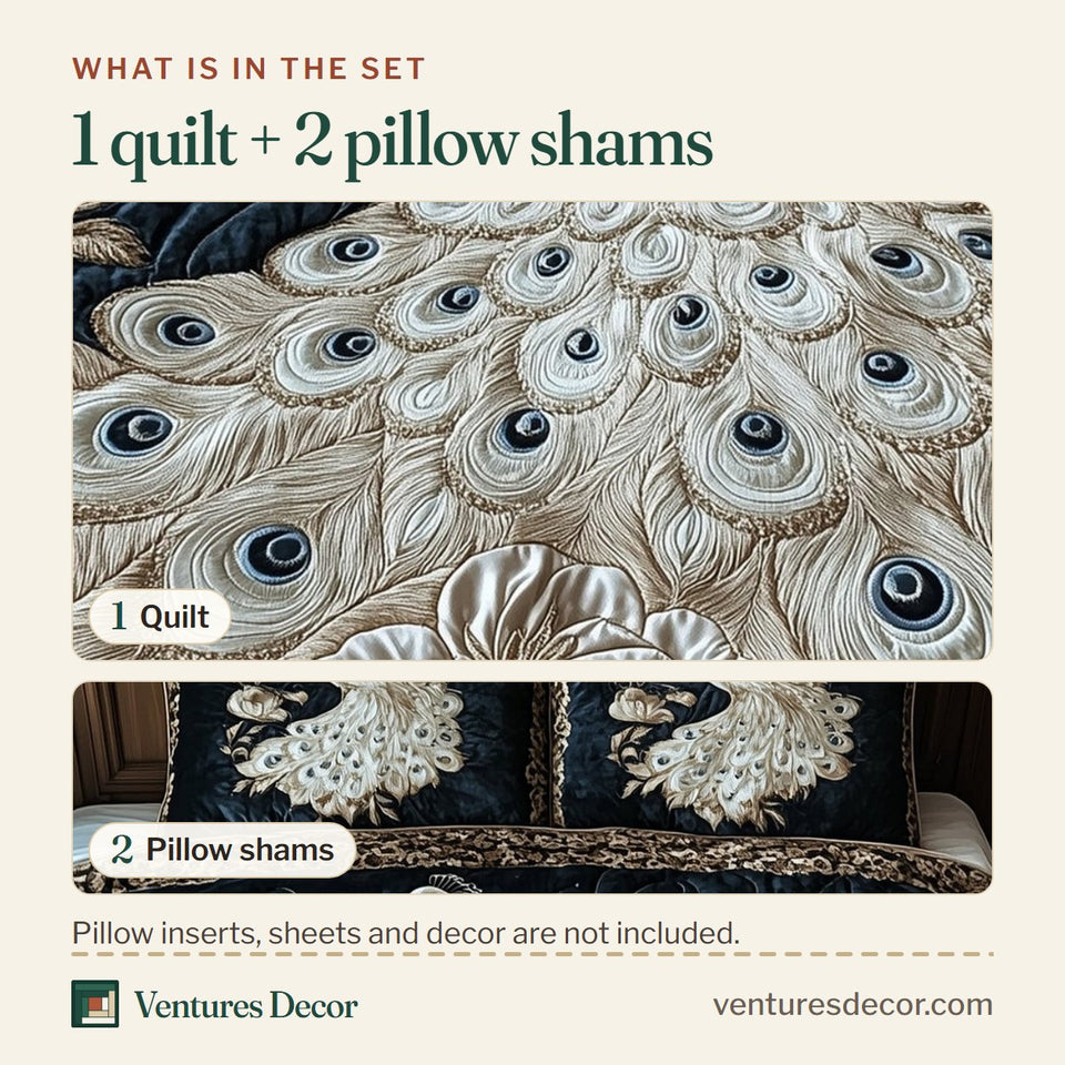 What is in the set: one quilt and two pillow shams, shown in the Majestic Peacock Elegance design