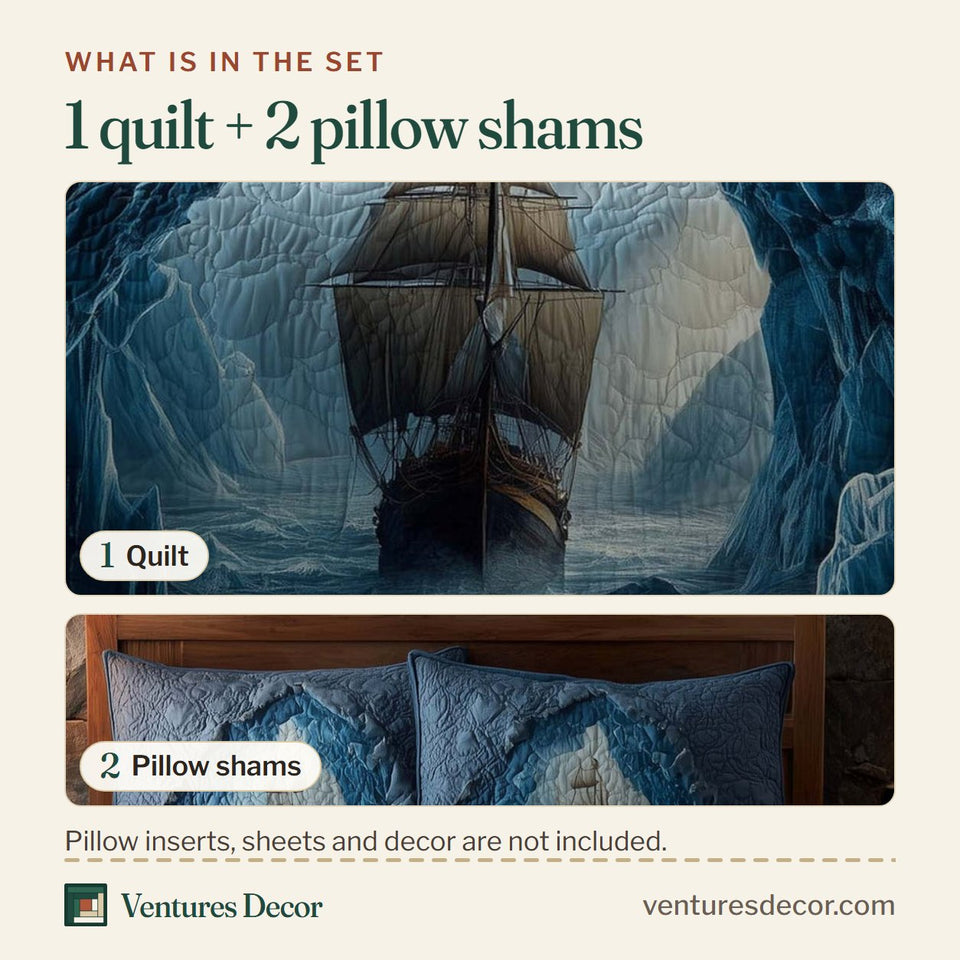 What is in the set: one quilt and two pillow shams, shown in the Majestic Ship Ice Cavern Portal design