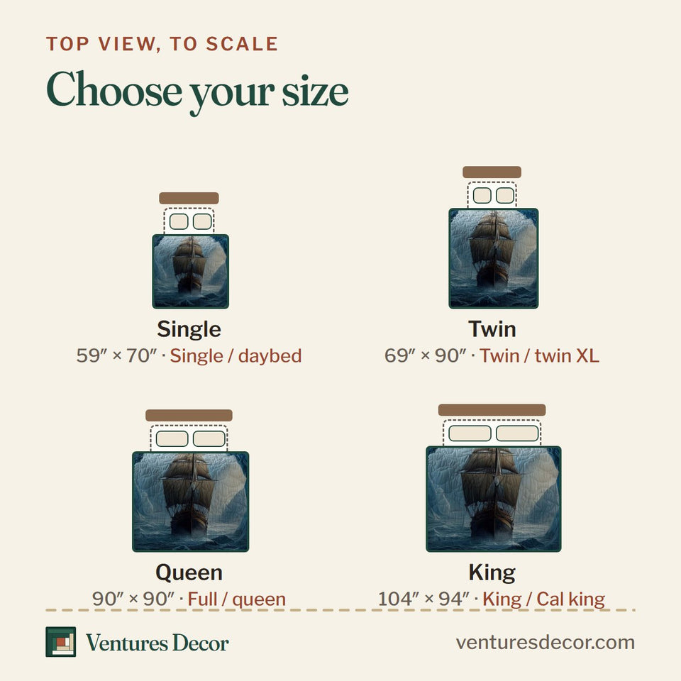 Size guide for the Majestic Ship Ice Cavern Portal quilt, top view to scale: Single 59 x 70 in, Twin 69 x 90 in, Queen 90 x 90 in, King 104 x 94 in