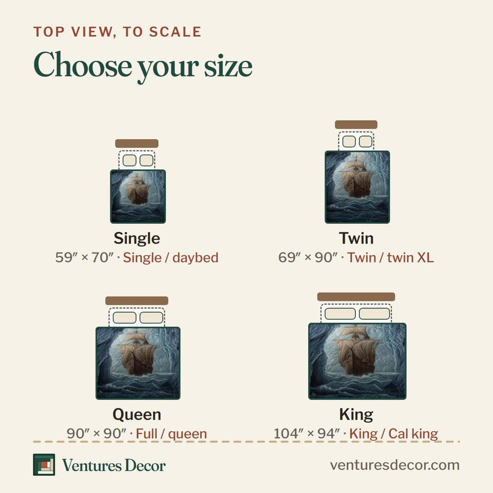 Size guide for the Majestic Ship Pale Stone Keyhole quilt, top view to scale: Single 59 x 70 in, Twin 69 x 90 in, Queen 90 x 90 in, King 104 x 94 in