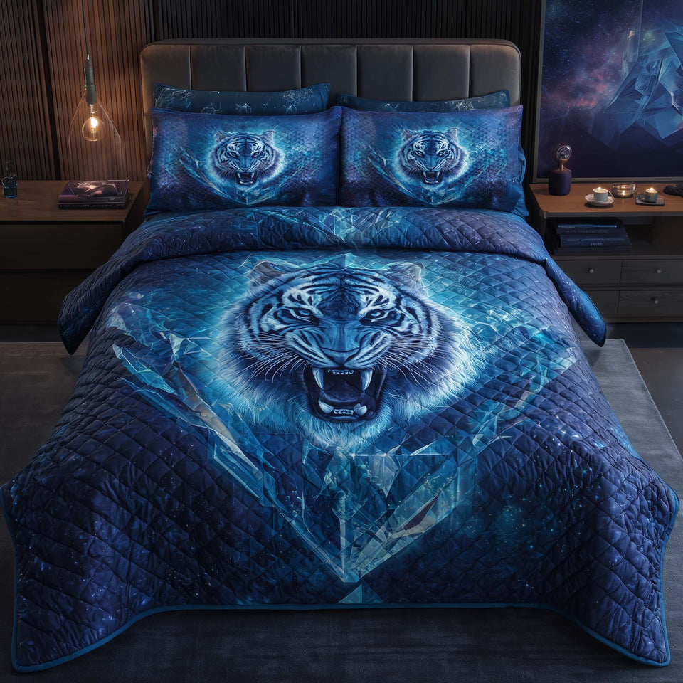 Majestic Tiger Glowing Blue Roar quilted bedding set, quilt and two pillow shams on a made bed